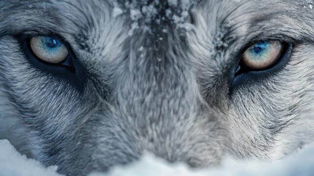 Close up of wolf eyes with icy fur in snow, fierce winter wildlife scene capturing intense blue eyes and abominable cold spirit of wild animal fur