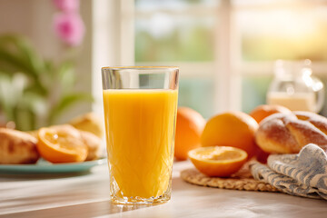 Fototapeta premium Bright Morning: Fresh Orange Juice, Pastries and Oranges on a Sunny Table