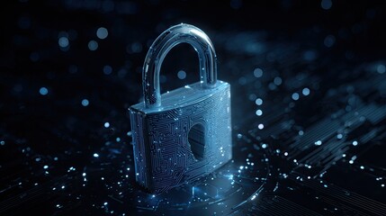 Secure your digital world with this stunning, futuristic padlock design intricately crafted from glowing blue circuit board pathways, symbolizing advanced cybersecurity and data protection.