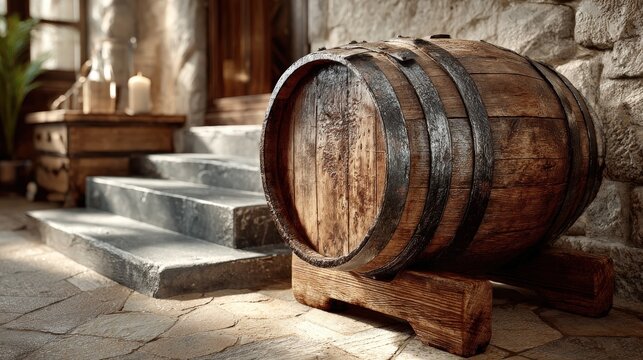Vibrant red wine puncheon barrel in Tokaj vineyards sunlight with rustic slate entrance