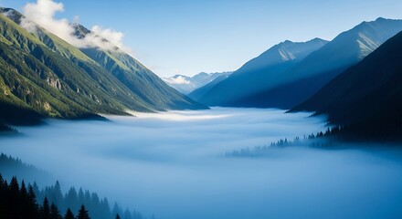 Stunning Mountain Valley Landscape with Foggy Lake  Scenic Blue Hues and Majestic Peaks in a Serene Natural Environment