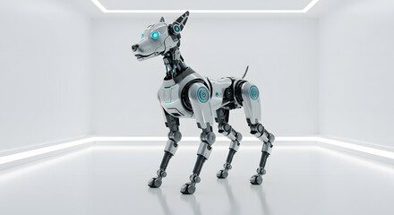 Sleek robotic canine companion with glowing blue eyes stands ready in a modern, minimalist studio environment.