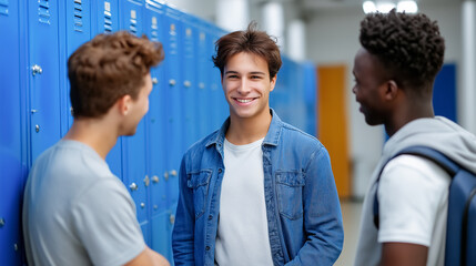 Boys chatting while leaning against blue lockers, sharing laughs in a school hallway. Bright indoor setting filled with youthful energy. Concept of education, friendship, youth culture