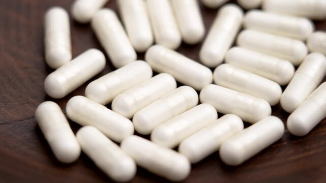 Pile of white vitamin b1 medicinal supplement capsules in wooden bowl. Macro. Rotation