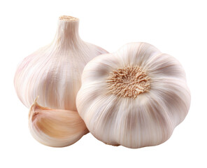 Two fresh garlic bulbs, one slightly offset, on a plain background