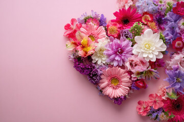 A beautiful arrangement of pink and white flowers forming a heart shape on a pink background, emphasizing love and romance