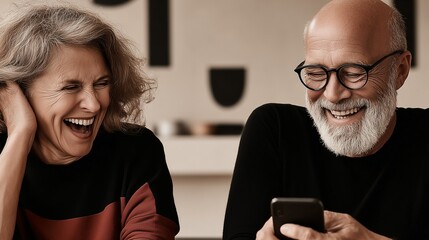 Happy senior couple laughing together while looking at smartphone