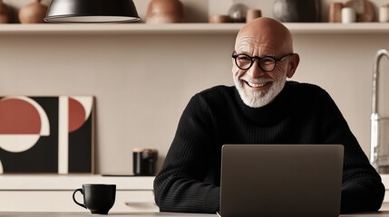 Smiling senior man using laptop with coffee at home