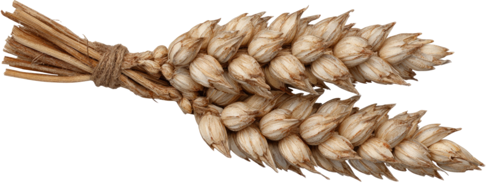Close-up of a dried wheat ear.  Tied bundle of light tan grains