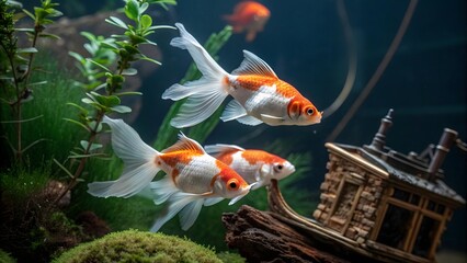 Two elegant goldfish with flowing fins swim gracefully through a vibrant underwater aquarium with a sunken ship