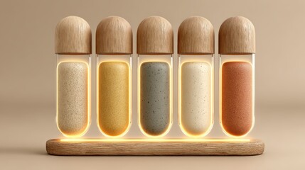 Obraz premium Minimalist 3D carousel showcasing artisan test tubes filled with tinted creams