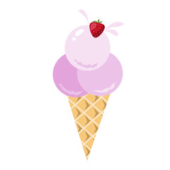 Strawberry ice cream in a waffle cone.