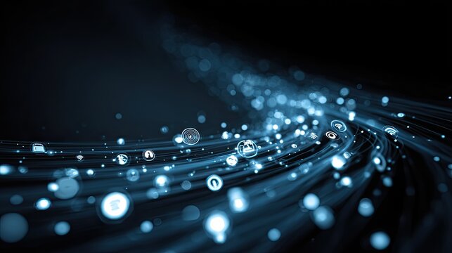 Dynamic glowing abstract data stream with interconnected digital icons symbolizing global connectivity and future technology trends in a modern dark blue futuristic network.