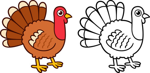 Cute cartoon turkey drawing, funny fat Thanksgiving bird. Color illustration and black and white line art for coloring. Hand drawn vector clipart.