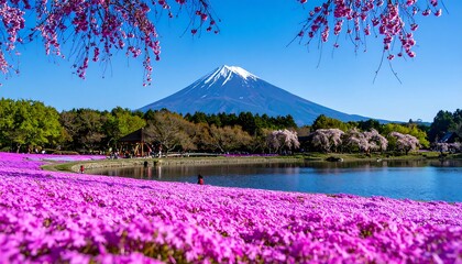 Pink flower field mountain lake springtime landscape