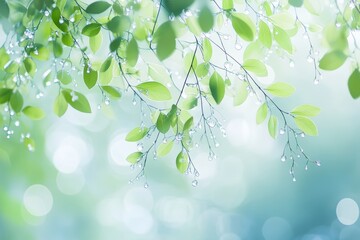 The glass is wet from summer rain, set against an abstract background landscape of a blurred and rainy day outside the window