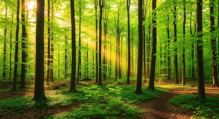 Obraz premium Sunbeams Through Forest Trees Lush Green Woodland Landscape Photography for Nature Stock Images and Wall Art Prints