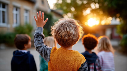 Children wave goodbye as the sun sets behind them. Clusters of diverse students share a moment outside a school. Concept of education, friendship, childhood