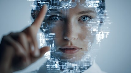 Intelligent woman interacts with futuristic digital interface, exploring advanced technology and data streams in a modern, bright environment