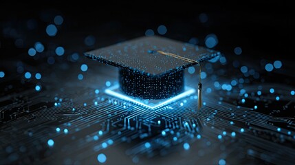 Futuristic graduation cap glowing on circuit board symbolizing digital learning and technological advancement in education