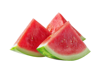 Three watermelon slices, bright red flesh, green rind