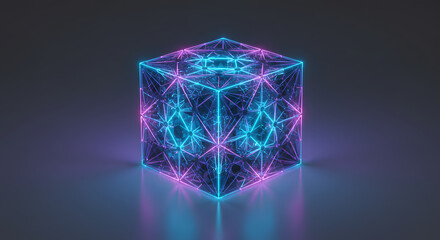 Intricate geometric neon cube glows with vibrant blue and pink light, symbolizing innovation and future tech