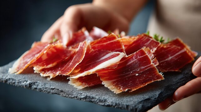 Spanish charcuteros hands presenting artisanal Jamon Iberico de Bellota on slate board