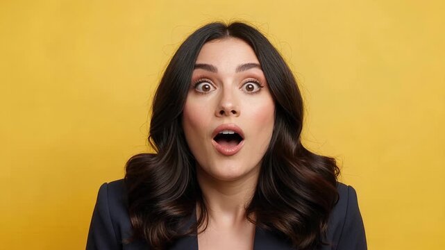 Beautiful businesswoman expressing genuine surprise and positive emotion in professional office jacket against vibrant yellow background