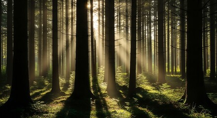 Fototapeta premium Sunbeams Through Forest Trees Majestic Woodland Scene Nature Photography Scenic Landscape Golden Light Atmospheric Forest Imagery
