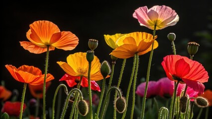 Fototapeta premium Vibrant poppies bloom in soft sunlight against dark background