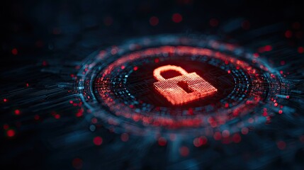 Dynamic digital padlock glowing red amidst intricate circuit board patterns, symbolizing secure data and cyber protection in a high-tech environment