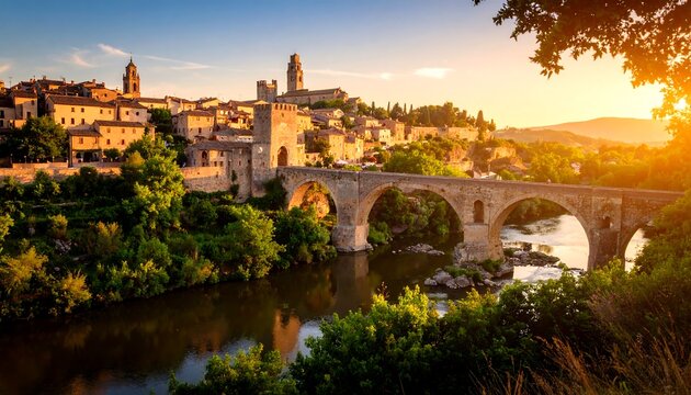Picturesque old town with a historic stone bridge at sunset.