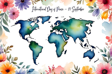 A watercolor-style world map surrounded by flowers and olive branches with handwritten text 'International Day of Peace 21 September'