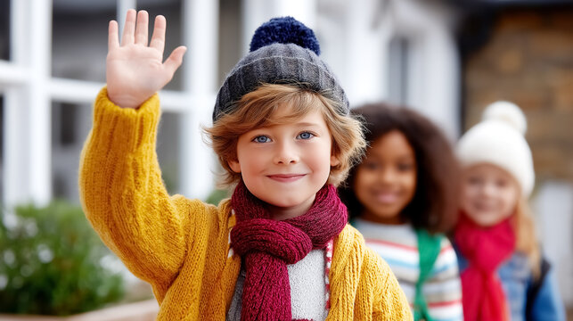 Children smiling and waving goodbye outside their home on a chilly day. Warm clothing and joyful expressions create a cheerful atmosphere. Concept of childhood, seasonal change, family bonding