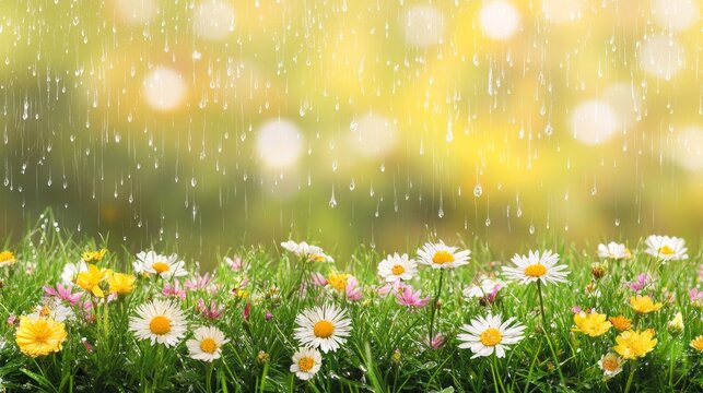 Fresh rain and spring flowers set against an abstract blurred background with rain drops