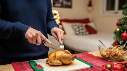 Person carving a small roasted chicken.
