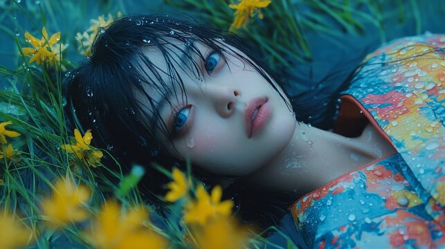 A beautiful girl is depicted lying in her garden, drenched from the rain, with raindrops falling, captured in high resolution and high quality, representing the woman concept, in a portrait