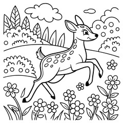 Coloring page with running deer and floral background. Horizontal composition. coloring page Black and white.