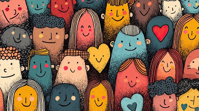 Vibrant community of diverse, smiling people in a colorful, textured abstract crowd celebrating connection and diversity, perfect for social campaigns