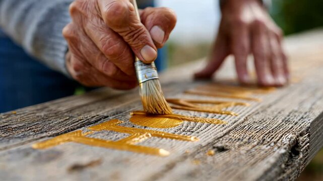 Crafting wooden sign: hands painting letters on weathered board outdoors