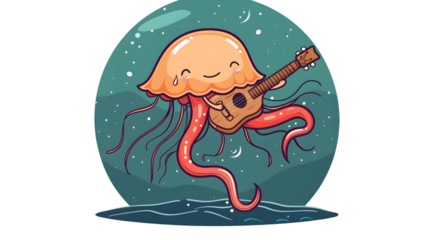 Cheerful Jellyfish Jamming with an Acoustic Guitar in a Cartoon Style