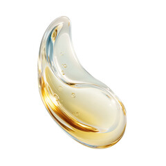 A glistening, translucent, golden-yellow liquid droplet, shaped like a teardrop or a curved, abstract orb.  Air bubbles are visible within the liquid.  