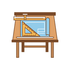 Wooden drafting table with drawing tools and blueprint.