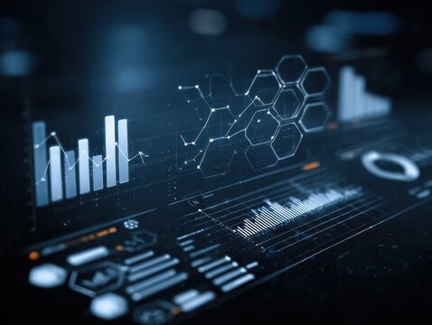 business intelligence and big data analysis technology with chart and graph icons on a digital screen interface. Innovation in statistics and analytics. Insights and predictions.