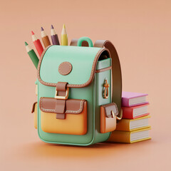 Green backpack with colorful pencils and books school supplies