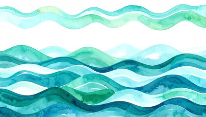 Fototapeta premium A serene abstract watercolor background with layered waves of green and blue, calming, perfect for nature-themed designs, posters, and web banners