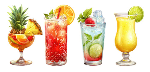 Three colorful summer cocktails with fruit garnishes