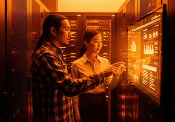 Two individuals examining data displayed on a large screen in a server room setting, bathed in orange light