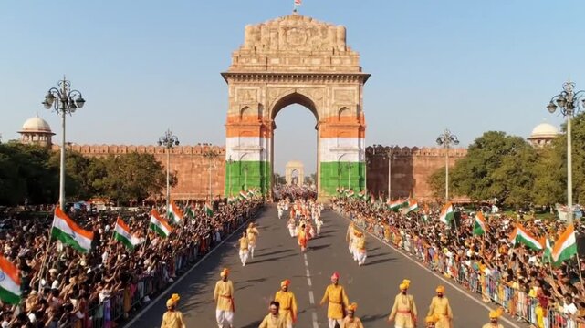 India Gate parade with the Indian flag. 15th August Happy Indian Independence Day