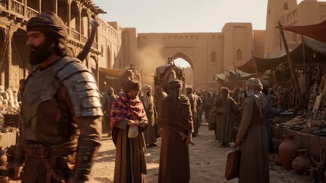 Silk Road Merchant in Bustling Ancient Marketplace - A heavily armored man walks through a crowded marketplace filled with merchants and traders.